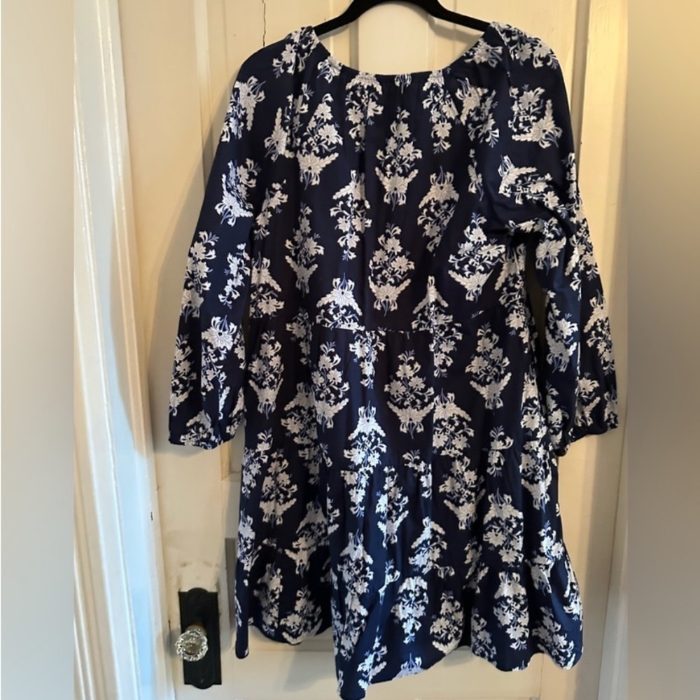 J Crew Long Sleeve Tiered Mini Dress Blue White XS